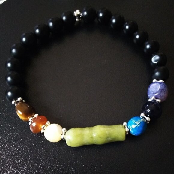 8" Chakra Stretch Bracelet w. Carnelian, Citrine Jasper, Tigereye & Agate Stone - Picture 1 of 9